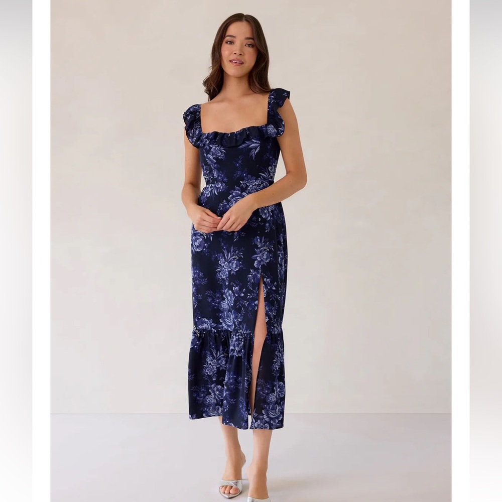 Park & Fifth Navy Floral Midi Dress with Ruffle Square Neck